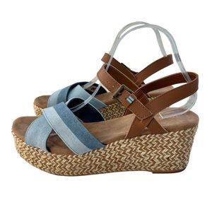 TOMS Willow Blue Denim Strappy Wedge Sandals 10